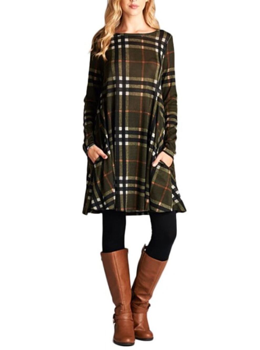 Papillon Long Sleeve Plaid Swing Tunic Sweater Dress Olive Green Multi Womens XS